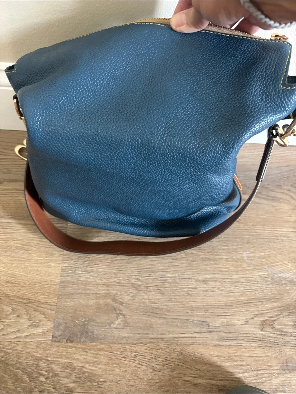 Dooney & Bourke Denim Blue Pebbled Leather Messenger with Brown Trim